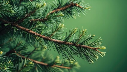 Poster - Close-up of evergreen tree branch with needle-like leaves on blurred green background