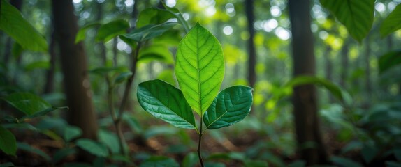 Poster - Green leaves in a forest with sunlight filtering through trees creating a natural environment focused on foliage and plant life