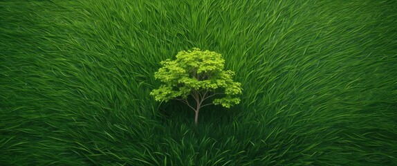 Poster - Solitary green tree surrounded by lush green grass in a natural landscape setting ideal for environmental themes
