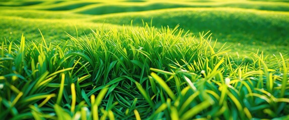 Poster - Vibrant green grass field with soft undulating hills in natural daylight showcasing lush foliage and freshness in a rural setting