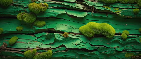 Poster - Close-up of textured green wooden surface with peeling paint and vibrant green moss growth