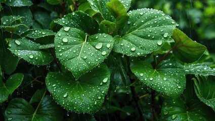 Poster - green leaves covered in droplets of water after rain in a lush natural setting with blurred backgrou