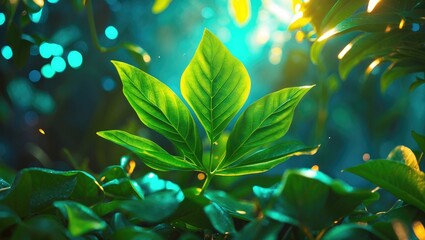 Poster - Close-up of vibrant green leaves with natural sunlight illuminating foliage in a lush forest environment