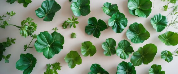 Poster - various green leaves arranged on a light background in artistic layout for environmental or botanical themes