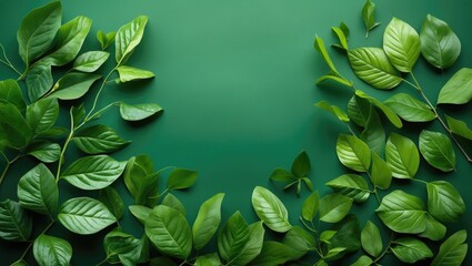 Poster - Green leaves arranged on a solid green background creating a natural frame for design purposes.