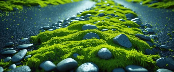 Poster - Moss covered path with scattered stones creating a natural textured surface in vibrant green and gray tones