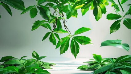 Poster - Green foliage with large glossy leaves on a light background creating a natural and vibrant composition for botanical themes