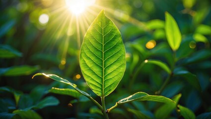 Poster - Green leaf backlit by sunlight with sunburst effect surrounded by blurred greenery in natural environment.