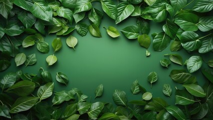 Poster - green foliage background with assorted leaves arranged around a solid green center creating a natura