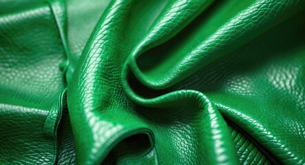 Poster - Close-up of textured green leather fabric showing intricate details and smooth folds in the material