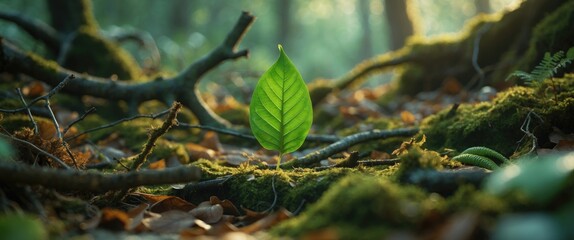 Poster - Single green leaf standing on forest floor surrounded by fallen leaves and twigs in soft natural lighting during early morning