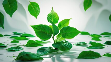Poster - Green leaves on a reflective surface with a soft background highlighting the textures and details of each leaf in natural light