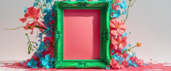 Poster - Colorful ornate picture frame surrounded by vibrant artificial flowers and colored powder on white background