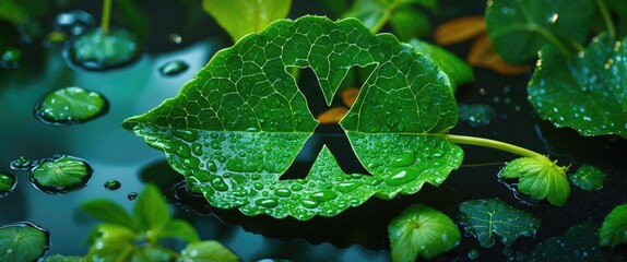 Poster - green leaf with droplets and environmental symbol against a backdrop of water and foliage showcasing