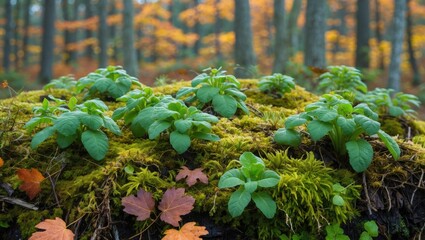 Poster - Green plants growing on moss-covered log in the forest during autumn with blurred background of colorful leaves and trees
