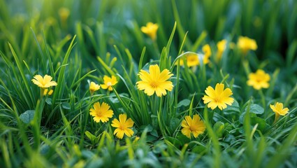 Poster - yellow wildflowers blooming in vibrant green grass field under soft natural light during spring seas