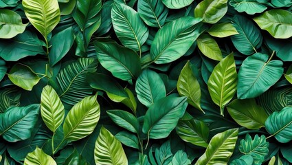 Poster - Dense arrangement of various tropical green leaves in a natural abstract pattern for background use