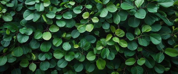 Poster - Green foliage background with various shades of leaves creating a natural textured pattern suitable for design projects.