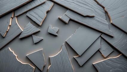 Poster - Close-up of irregular wooden planks arranged on a textured surface with natural grain patterns and varying shades of gray