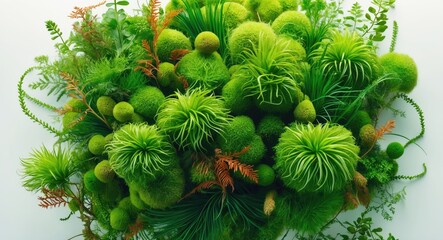Poster - Lush arrangement of various green plants and moss illustrating a diverse range of textures and shapes on a white background