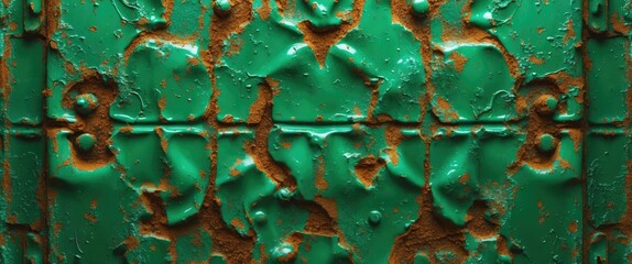 Poster - Green textured metal surface with peeling paint and rust creating an abstract background pattern