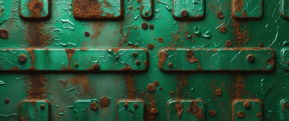 Poster - rusty green metal background with textured rectangular plates and peeling paint detail.