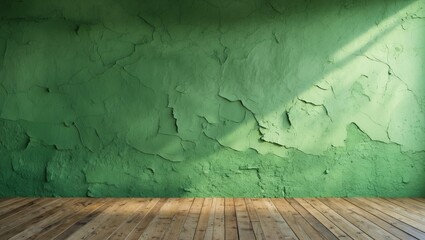 Poster - Green textured wall with wooden floor under soft lighting in an empty room setting