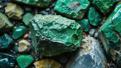 Poster - Green gemstones and minerals arranged on a rocky surface with varying textures in natural lighting