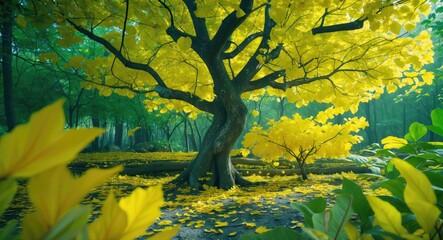 Poster - Golden foliage on a majestic old tree in a tranquil forest setting with vibrant yellow leaves covering the ground