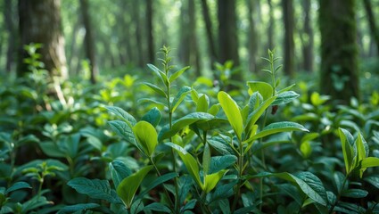 Poster - lush green foliage in a sunlit forest with young leaves and trees in the background