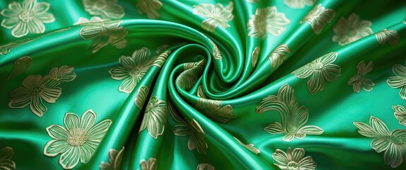 Poster - Green silk fabric with floral patterns in smooth texture and elegant drape. High-quality design for fashion and textile applications.