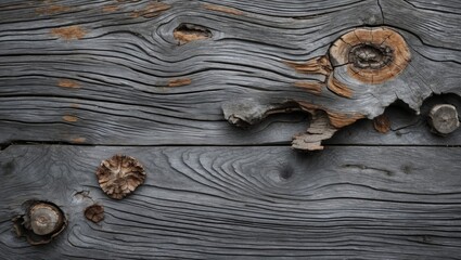 Poster - Textured wooden surface with natural knots and grain patterns in gray tones, emphasizing rustic and weathered characteristics.