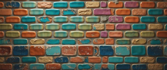 Poster - Colorful weathered brick wall with various shades of blue, orange, green, purple, and beige in a textured pattern