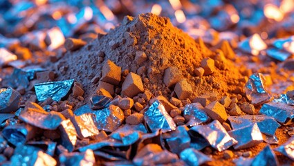 Poster - Brown powder mound on blue and silver crystalline fragments with dramatic lighting effect.