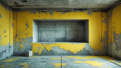 Poster - Empty interior of a room with yellow peeling paint on walls and concrete window opening on grey concrete floor