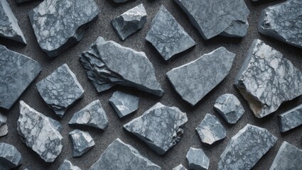 Poster - Textured gray stone fragments scattered on a surface with varying shapes and sizes creating a natural stone background.