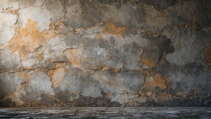 Poster - Textured grunge wall with chipped paint and stone floor in indoor setting for background or design use