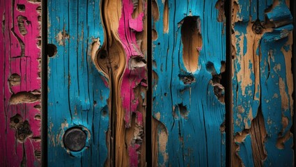 Poster - Weathered wooden planks with vibrant pink and blue paint flaking revealing natural wood texture and imperfections.