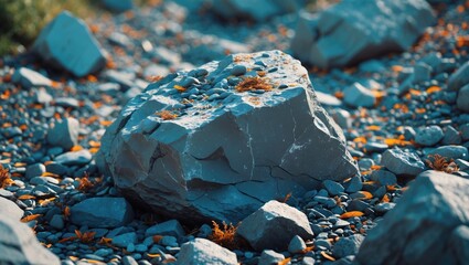 Poster - Large gray rock on a rocky beach with scattered orange leaves and pebbles in soft natural light during daytime.