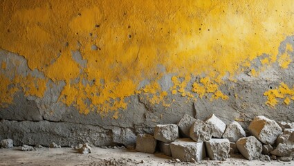 Sticker - Texture of an old yellow wall with peeling paint and scattered concrete blocks on the floor in an abandoned setting