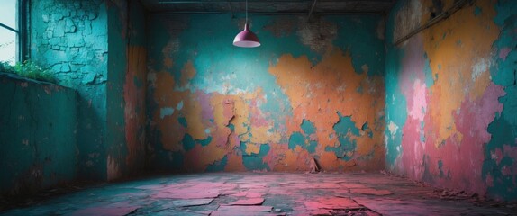 Poster - Interior of an abandoned room featuring peeling colorful paint on walls and a single hanging light fixture with natural light from a window