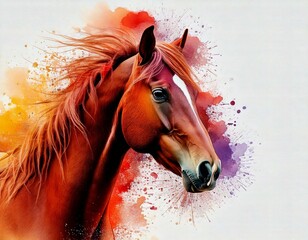  A striking chestnut horse with a flowing mane is set against an abstract background of colorful paint splashes, blending realism with artistic expression.