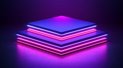 Poster - Glowing Abstract Neon Cubes Stacked In A Dark Interior Space