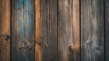 Wall Mural - Wooden wall texture with varying shades of brown and blue, showcasing natural grain and knots in the planks.