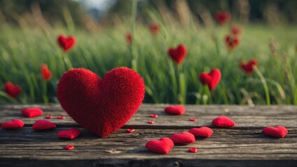 Poster - Red plush heart on a wooden surface surrounded by smaller red hearts with a blurred green grass background.