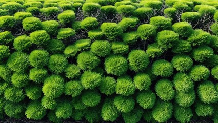 Poster - Dense green foliage in circular shapes creating a textured pattern in a landscaped garden setting.