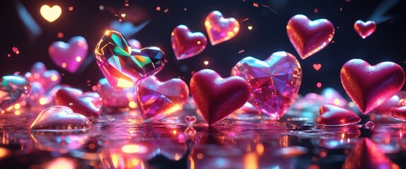 Poster - 3D rendering of colorful crystal hearts with reflections on water surface and glowing lights in a dark background