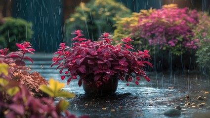 Poster - vibrant potted plant with pink leaves surrounded by colorful foliage in the rain on a stone surface