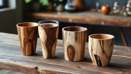 Poster - Set of wooden cups in various shapes and sizes arranged on a rustic wooden table in a cozy interior setting