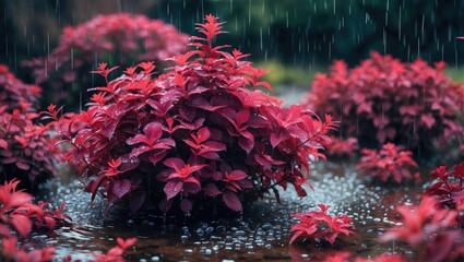 Poster - Red foliage plants in a rain-soaked garden setting with water droplets on leaves and a blurred background